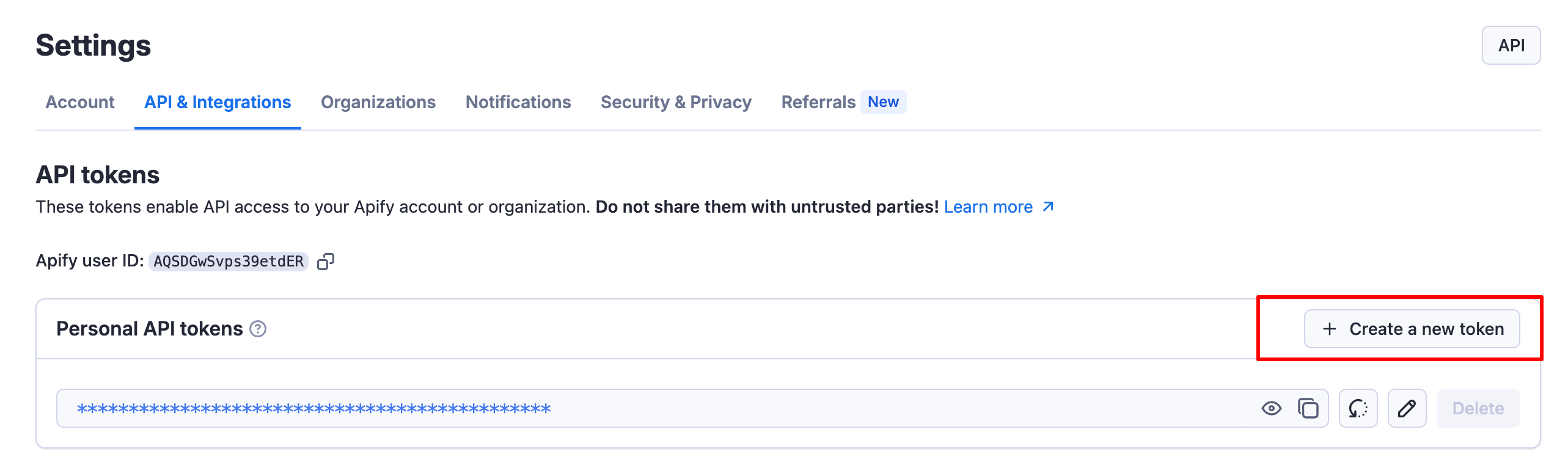 Apify Settings > Integrations with API token
